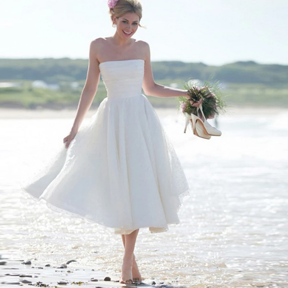 

Bbonlinedress A-Line Tea Length Lace Beach Wedding Dresses 2019 Strapless Bridal Gowns Lace up Short Wedding Gowns