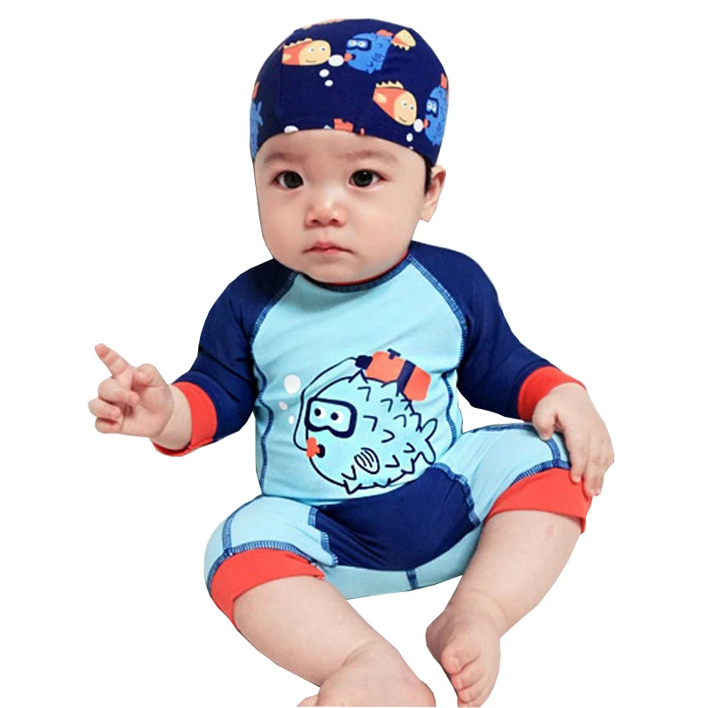 GI FOREVER Boy Long Sleeve One Piece Suit With Cap Children Cute Swimwear Baby Fish Print