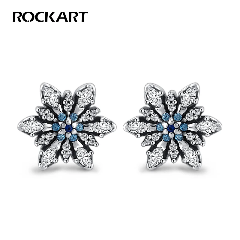 

ROCKART Crystal&CZ Blue Snowflake Stud Earrings 925 Sterling Silver Fine Jewelry For Women Big Shinning Bohemia Earring Luxury