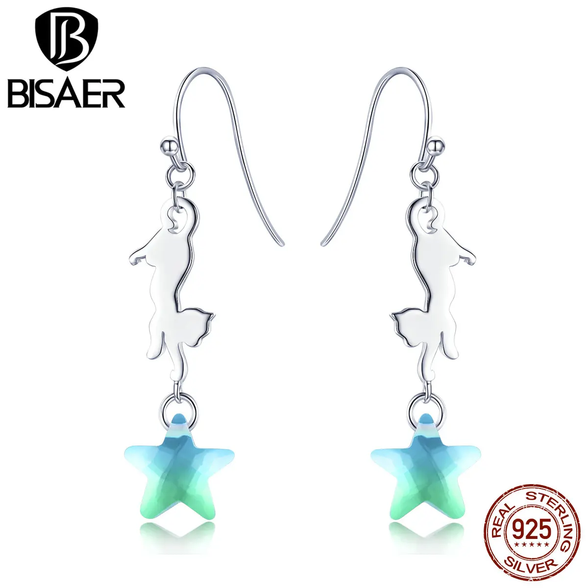 Серьги BISAER с кошкой, 925 пробы, серебро, кот и звезда, кристалл, длинные серьги-гвоздики для женщин, Стерлинговое Серебро, ювелирное изделие ECE473