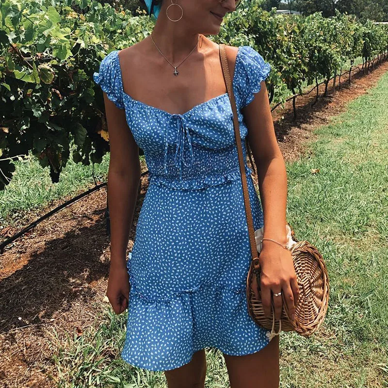 Tanie Conmoto w stylu Vintage Polka Dot wysoka talia krótka sukienka kobiet 2019 lato nowy na co dzień koronka up Sexy Off ramię dziewczyna Vestidos