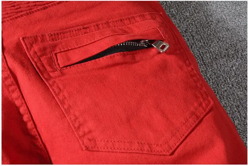 Мужские байкерские джинсы Франция стиль мото брюки на молнии классические красные обтягивающие джинсы в гармошку стрейч тонкие брюки размер 29-42#1068