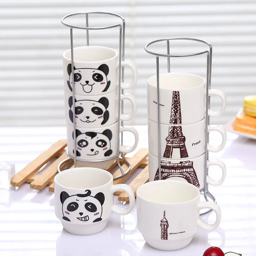 

300ml Creative ceramic mug with iron holder stack tower mug family four sets of mug milk water porcelain mug gift Free shipping