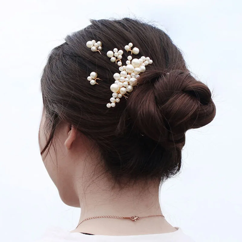 

SLBRIDAL Handmade Golden Wired Simulated Pearls Wedding Hair Comb Hair Pins Stickers Set Bridal Hair Accessories Women Jewelry