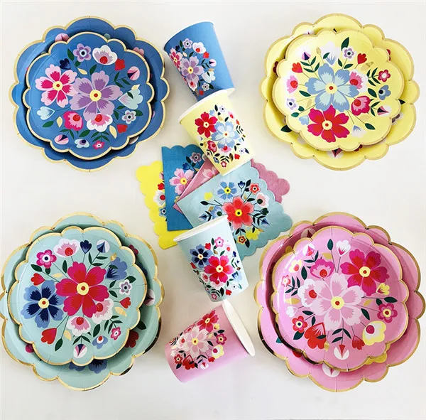 

8Sets Disposable Flower Party Tablewares Colors Foil Gold Paper Plates Cups Napkins Birthday Wedding Baby Shower Party Supplies