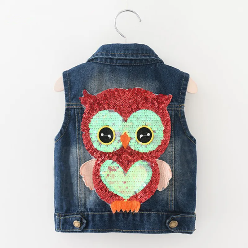 

Baby Clothes Spring Autumn Girls Outerwear Cowboy Waistcoats Length Cartoon Owl Appliques Coat for Kids Sleeveless Vests
