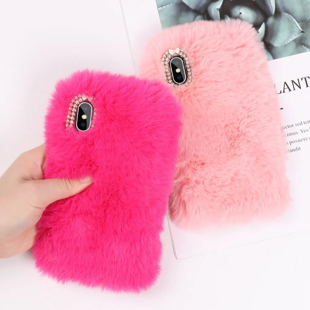 

Luxury Warm Rabbit Fur Plush diamond Phone Case For iPhone X XS MAx XR 6 6S Plus 7 7Plus 8 Plus Lovely Cute TPU hair Back Cover
