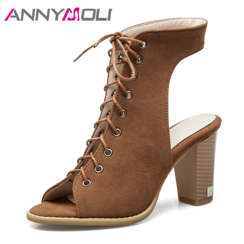 

ANNYMOLI Gladiator Sandals Women High Heels Lace Up Block High Heel Shoes Peep Toe Sandals Ladies Footwear Summer Plus Size 5-12