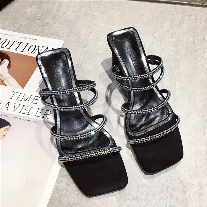 Slippers Heels Ladies Flip Flops Slides Woman Shoes Luxury Flock Square heel High Flip-flops Sliders Summer Designer Crystal - Цвет: 1