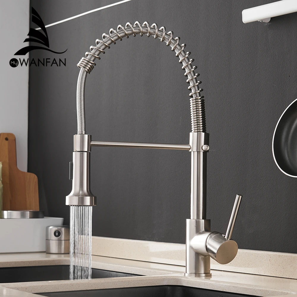 Kitchen Faucets Brush Brass Faucets For Kitchen Sink Single Lever Pull Out Spring Spout Mixers Tap Hot Cold Water Crane 9009 Kitchen Faucets Aliexpress