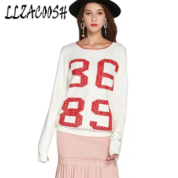 

2018 Spring Autumn New Women Runway Sweater Female O-Neck Long Sleeve Rhinestone Pullovers Knitting Sweater