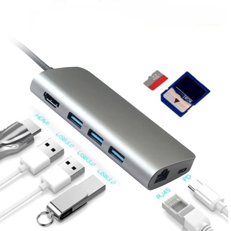 8 в 1 Usb 3,0 type-C концентратор для Ethernet+ 4K видео Hdmi Pd Rj45+ адаптер для зарядного порта+ слот Sd/Micro-SD для Macbook Iphone Huawe