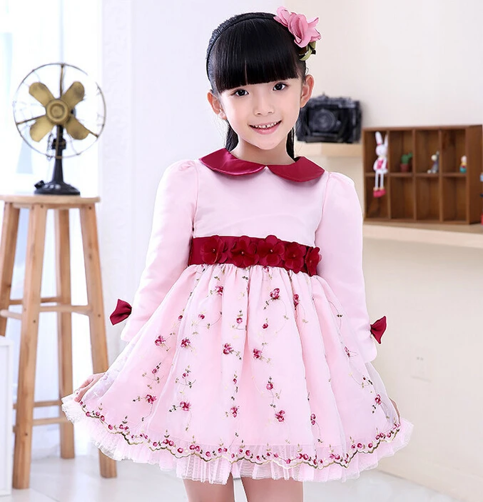 

2016 pink dress girl flower girl pink dress girls's clothing spring girls floral dress long sleeve big bow party princess dress