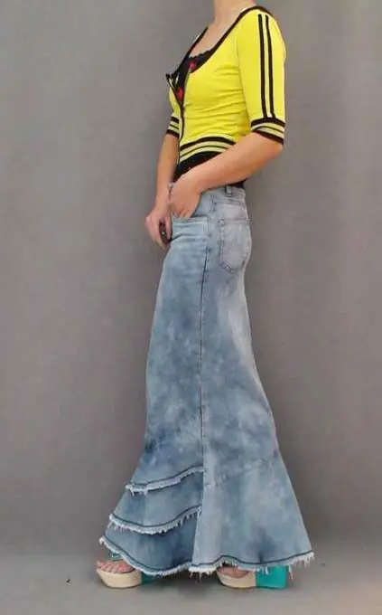 Длинные Джинсовые Юбки Русалки джинсы длинные джинсовые Бальные юбки для женщин тонкие лоскутные кисточкой Русалка Высокая талия юбка
