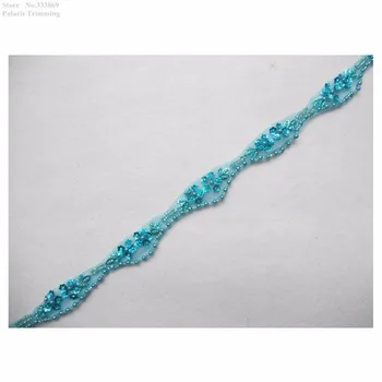 

Free Shipping 1Yard x 3D Newest Handmade Blue Sequined Beaded Flower Lace Appliques Trim Dancing Dress Costume Decorating PBT28B