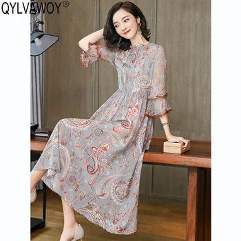 

Vintage Summer Silk Dress for Women Clothes 2020 Korean Animal Print Midi Dress Elegant Women Dresses Vestidos 19179 MY2912