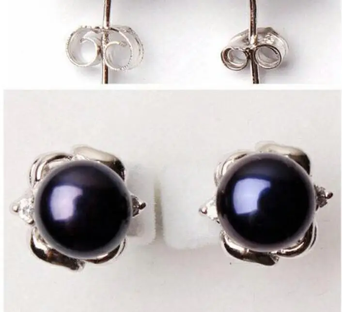 

women Jewelry Earring bright 10mm round black pearl Stud Earring rhinestone carved flower natural freshwater pearl