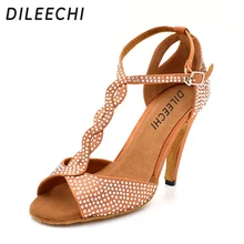 DILEECHI Латинской Танцы женская обувь 10 см каблук из металла мягкой подошвой бронза Сальса Туфли для латинских танцев для дам