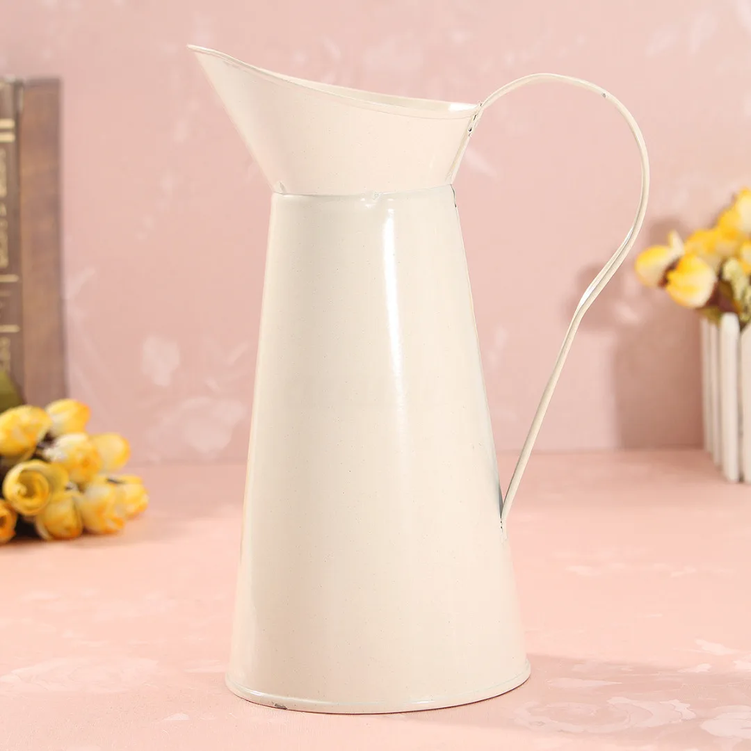 New Vintage Tall Metal Shabby Chic Cream Vase Enamel Pitcher Jug Wedding Home Decor
