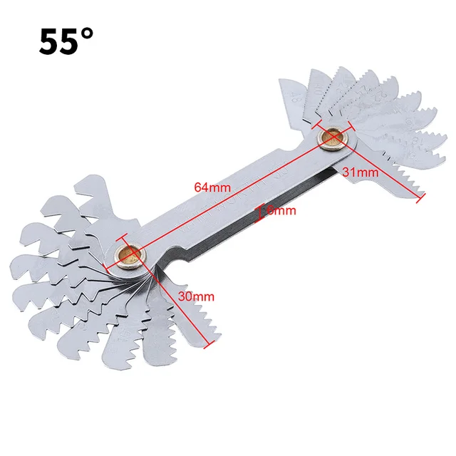 Screw Pitch Gauges 55/60 Degree Metric Inch Thread Plug Gauge Gear Tooth Measuring Carbon Steel Center Measurement 20 Blades 55 Degree 20PCS