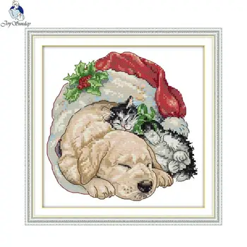 

Joy sunday Christmas Cat and Dog Patterns DIY Handmade DMC 14ct 11ct Cross stitch kits Precise Printed Embroidery Needlework