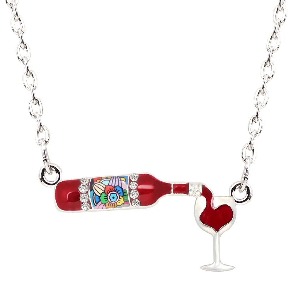 WEVENI Statement Enamel Floral Red Wine Bottle Glass Necklace Chain Alloy Rhinestone Pendant For Women Girls Party Jewelry Gift - Image 2