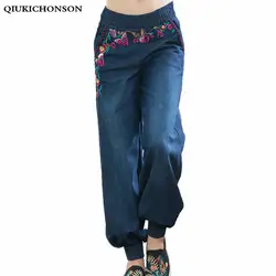 Женские джинсы с вышивкой для четырех сезонов Национальный карандаш брюки девочек эластичный пояс, карманы промывают свободные джинсовые