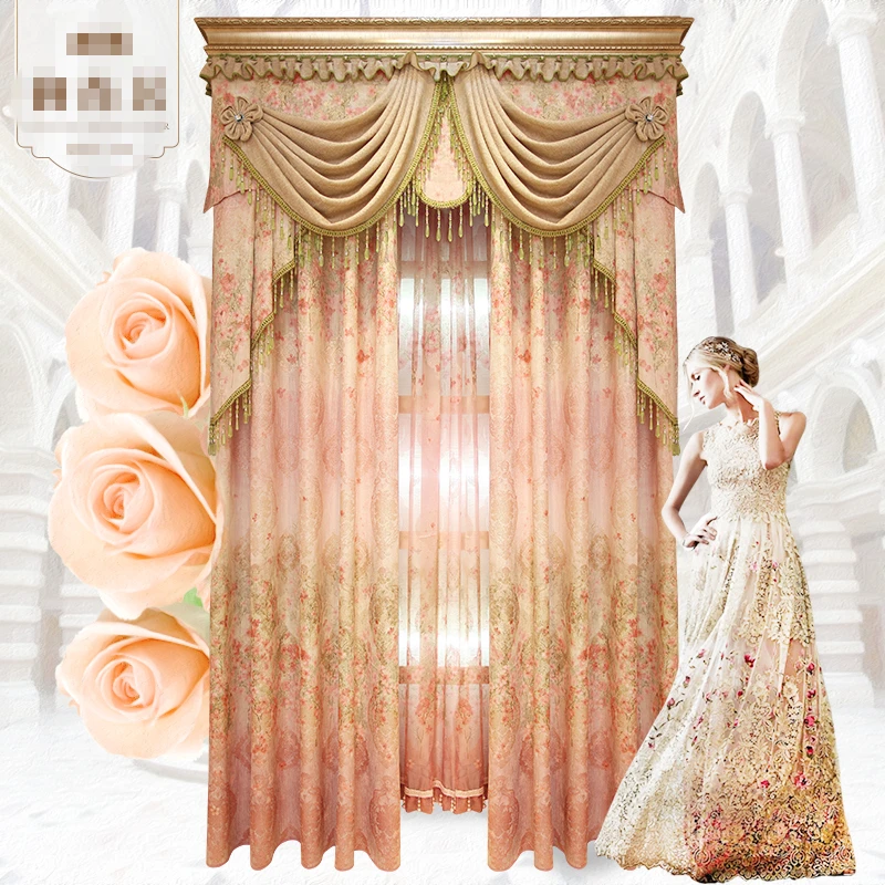 

custom curtains European pastoral printing room windows curtain printing 3D Featured with beads blackout curtain tulle E257