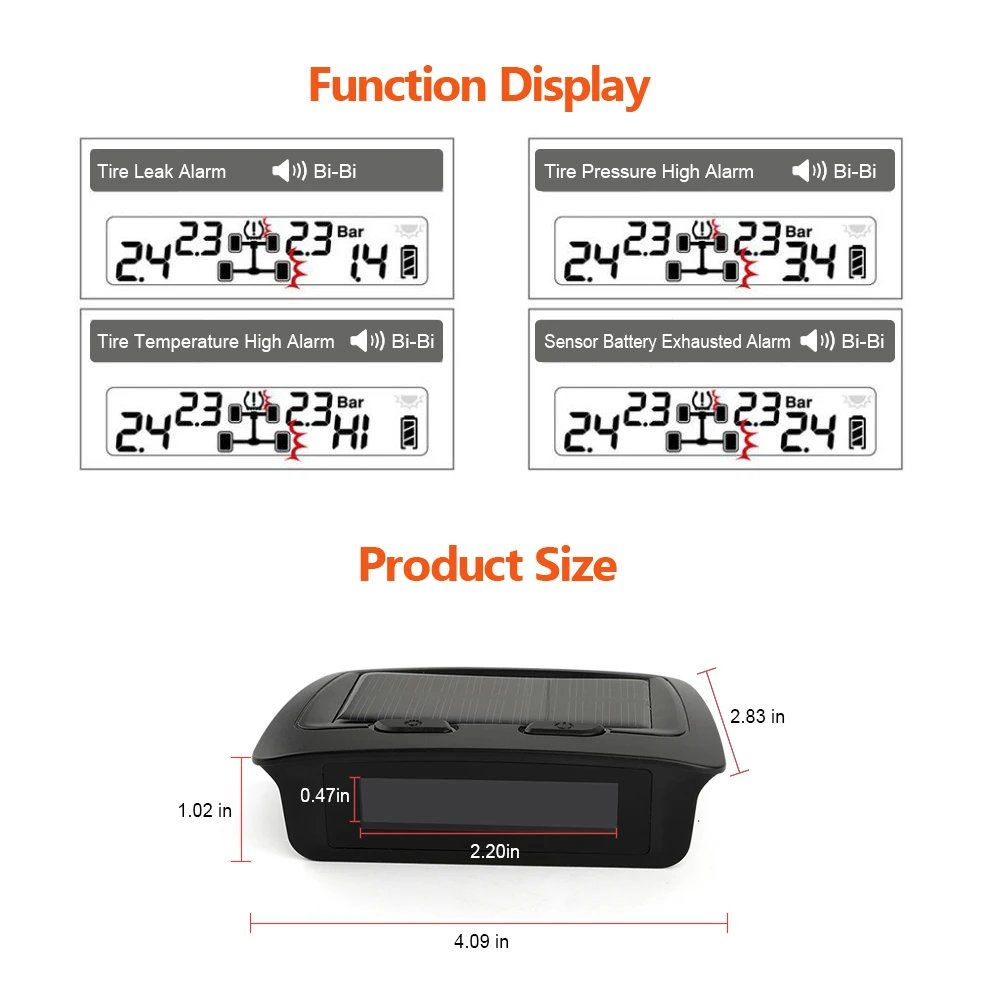 2018 Newest TPMS Tire Pressure Alarm System With 4 Sensors Solar Energy Tire Monitor Wireless Car Tire Alarm TPMS Solar Power