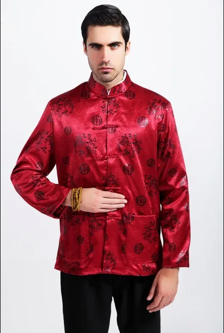 Красные модные весенние тонкие туфли в китайском Стиль Для мужчин атласная дракон Кунг-фу куртка пальто с длинным рукавом Верхняя одежда M L XL XXL XXXL M9