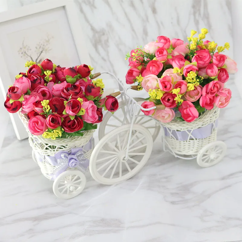 Flone High Quality Artificial Flower Car Simulation  Rattan Bicycle Flowers Set Vase + Flowers Home Office Decor Birthday Gift (7)