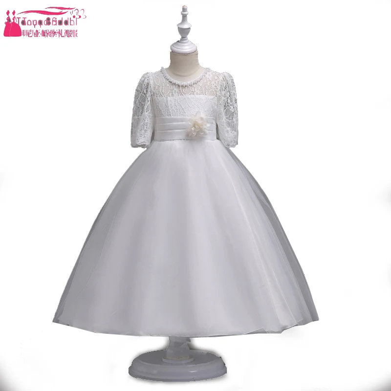

Half Sleeve White Lace Dresses Knee Length Flower Girls Dress For Wedding Party Kids First Cummunion Dress Pagent Wear ZF039