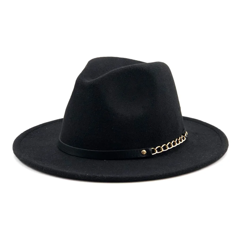 

woolen Felt Hat Men Fedora Hats with Chain Women Vintage Trilby Caps Wool Fedora Warm Jazz Hat Chapeau Femme feutre Panaman hat