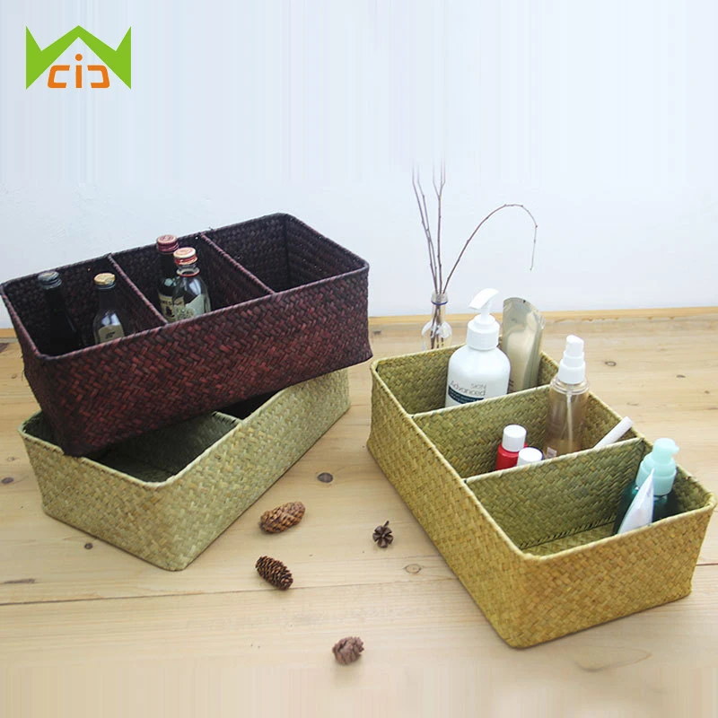 WCIC Wicker Basket Cosmetic Holder 3 Grid Seagrass Storage Box Sundries