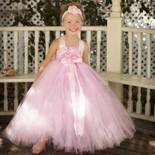 Blush Pink Flower Girl Dress with Flower Headband Princess Girls Bridesmaid Wedding Tutu Dresses Pink Fancy