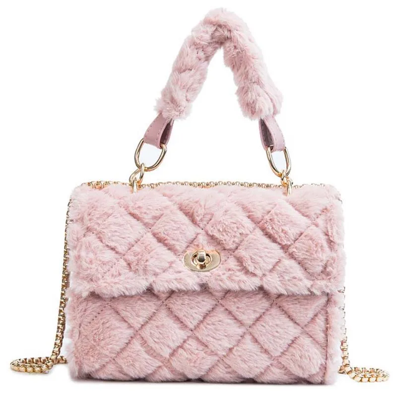 Fashion Ladies Fluffy Handbag Classic Diamond Lattice Plush Women Purse