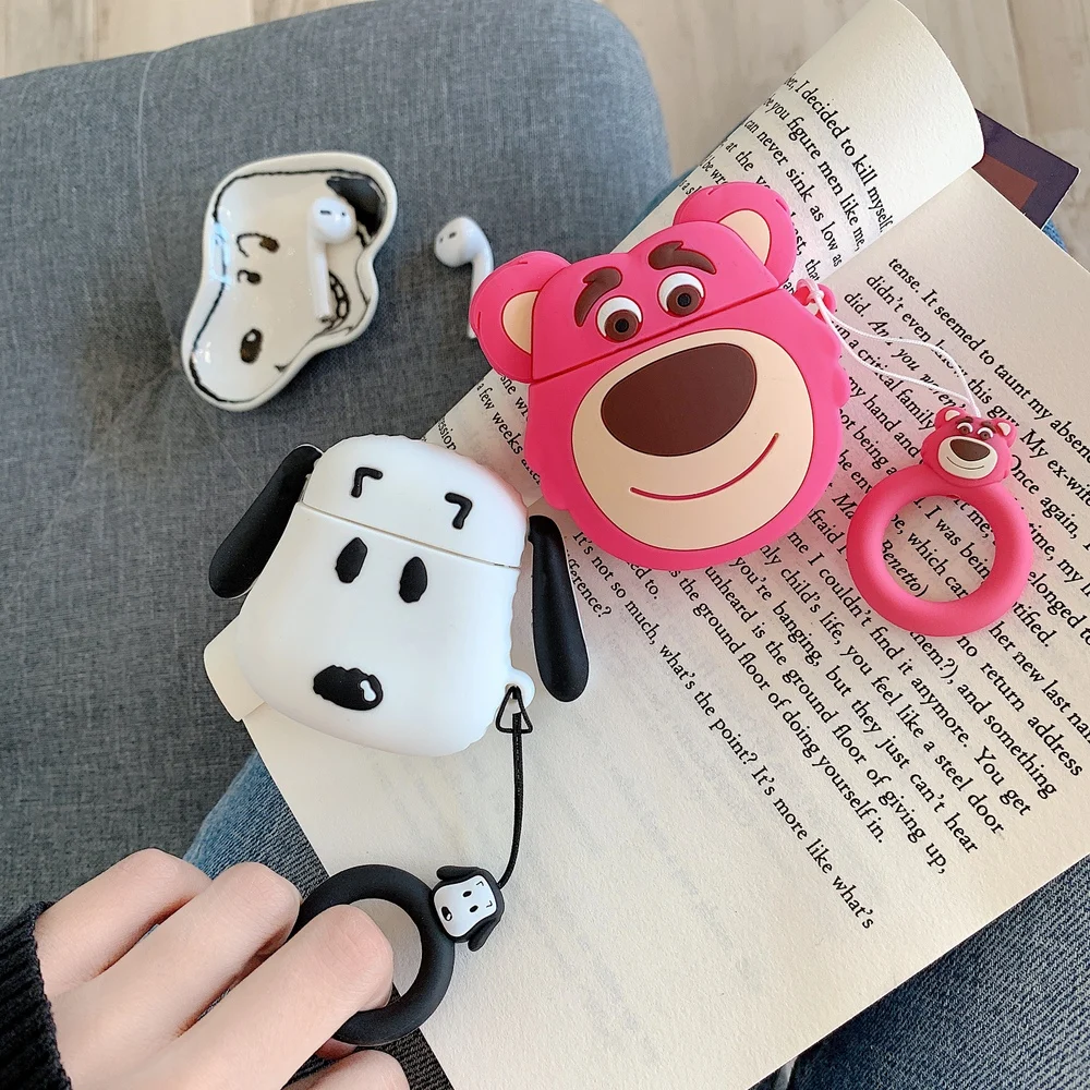Ring Strap Cartoon Peanuts Dog 3D Pink Bear Lotso Silicone Earphone Case For Apple AirPods 1 2 Headphone Wireless Charging Box