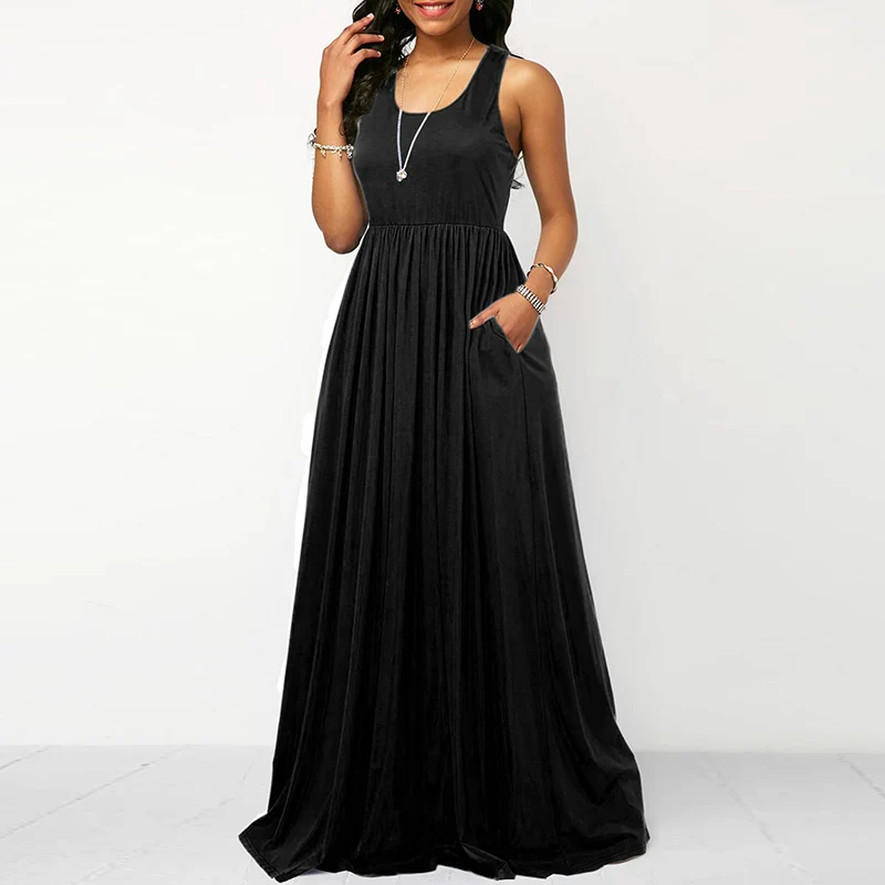 Popular New Womens Sleeveless Solid Crew Neck Pockets Maxi Vest Dress Ladies Summer Casual Holiday Beach Sundress Four Color