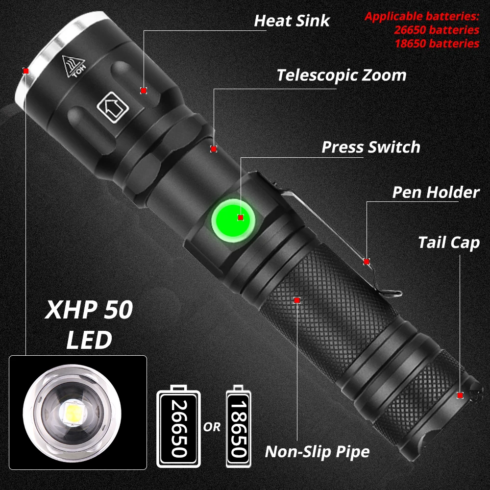 Самый мощный светодиодный фонарик XHP50 5 режимов освещения масштабифонарь с