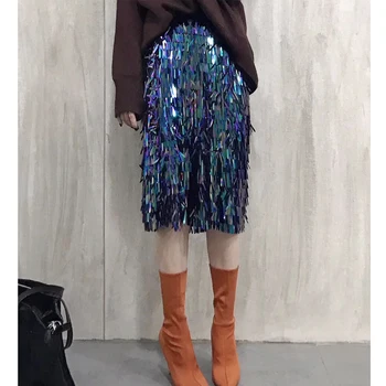 

Skirts Womens Rushed Polyester Patchwork Straight 2018 New Women's Skirts Tassel Sequins In The Long Skirt Step Pack Hip Woman