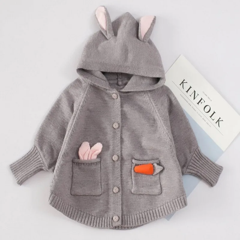 Warm kid knitted rabbit ear hooded sweaters Lovely Rabbit Kidslong