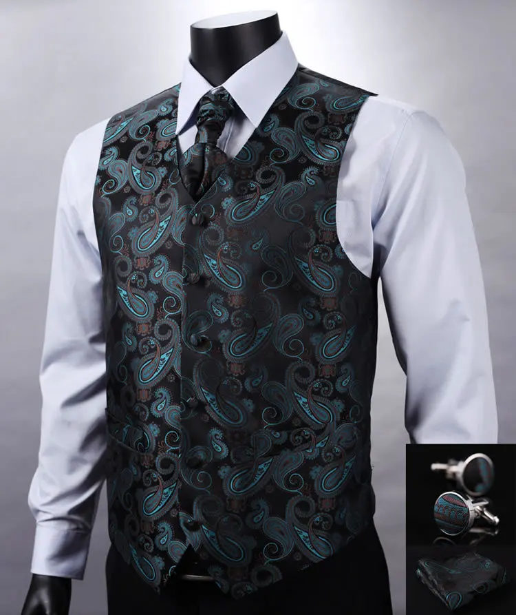 VE11 Green Black Paisley Top Design Wedding Men 100%Silk Waistcoat Vest