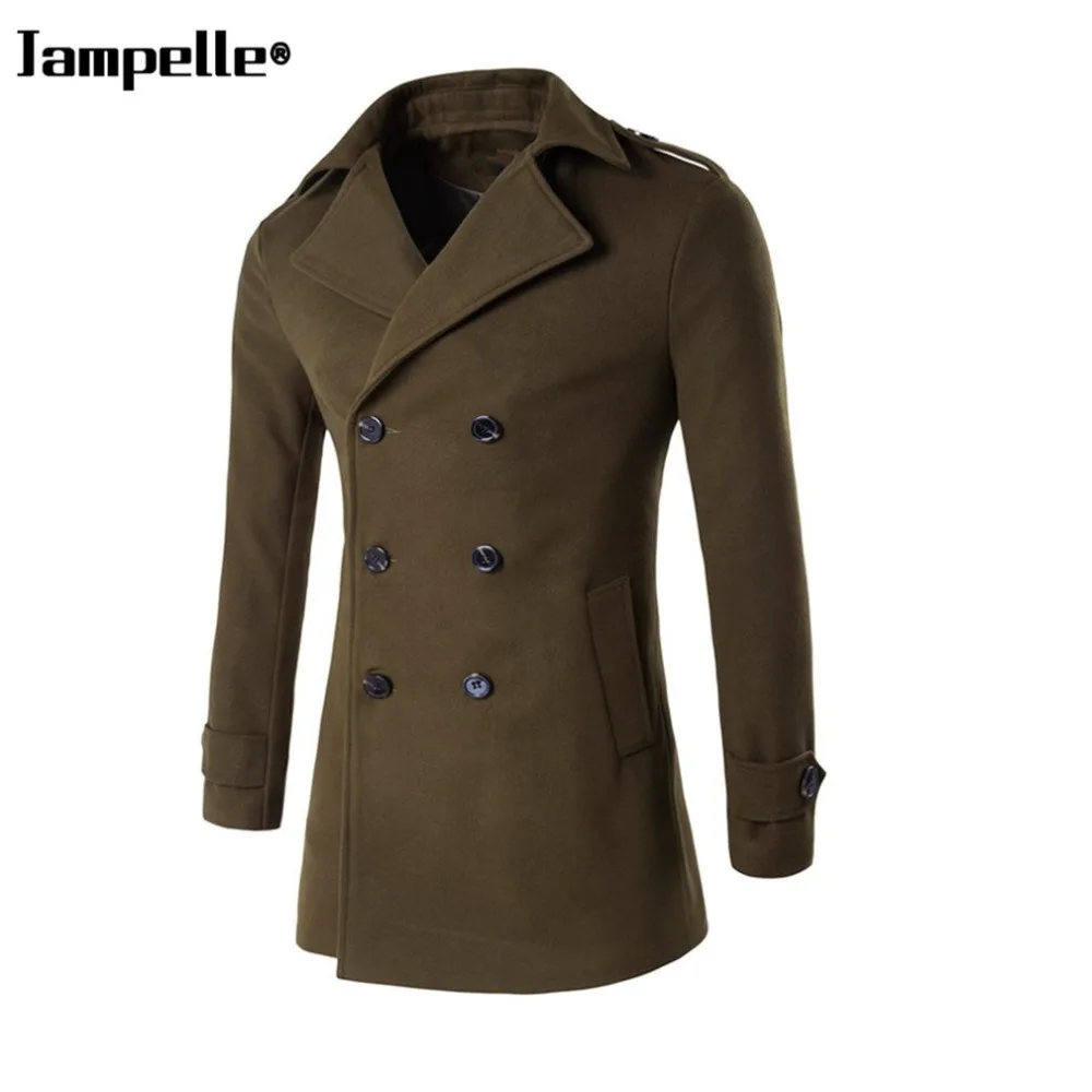 

Autumn Winter Slim Fit Men's Turn-down Collar Woolen Coat Double-Breasted Button Warmth Army Green Woolen Cloth Male Windbreaker