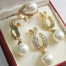 Aaa 12 мм белый корпус перлы ожерелье серьги комплект кольца