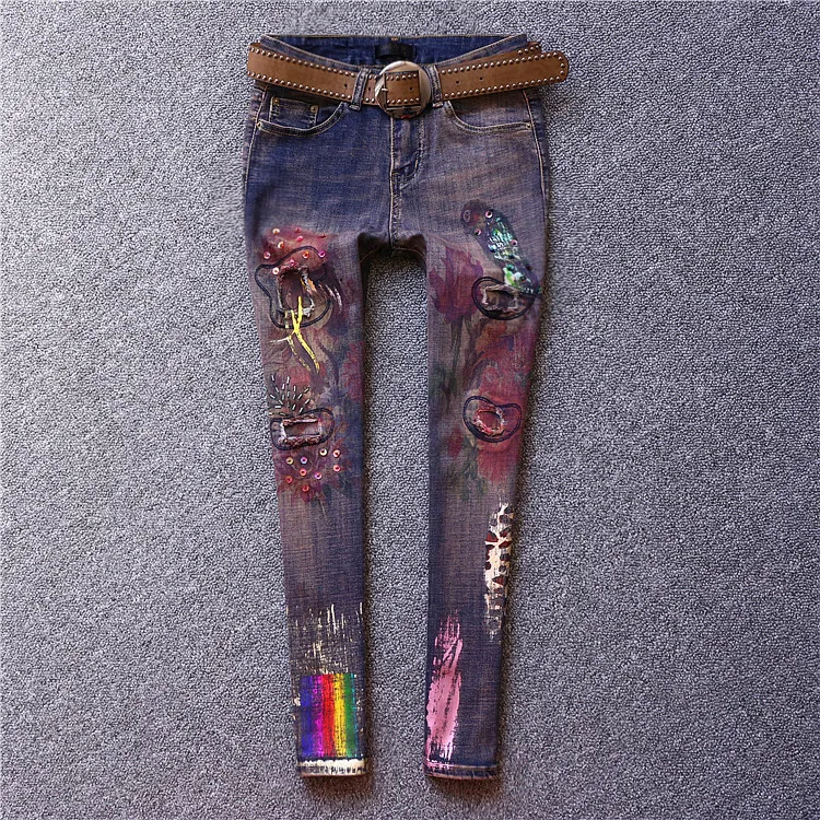 Европейский станция осень и зима новая мода печати отверстия джинсы с блестками женский патч стрейч тонкий средства ухода за кожей стоп узкие брюки