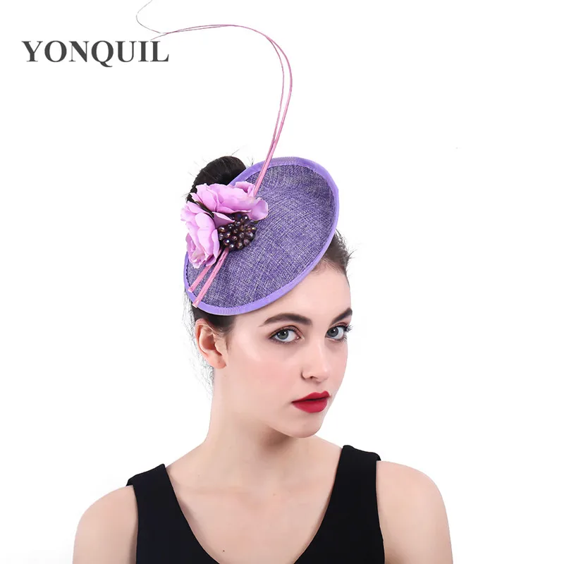 Women Fabric Flower Purple Fascinators Hat Bridal Fancy Feather