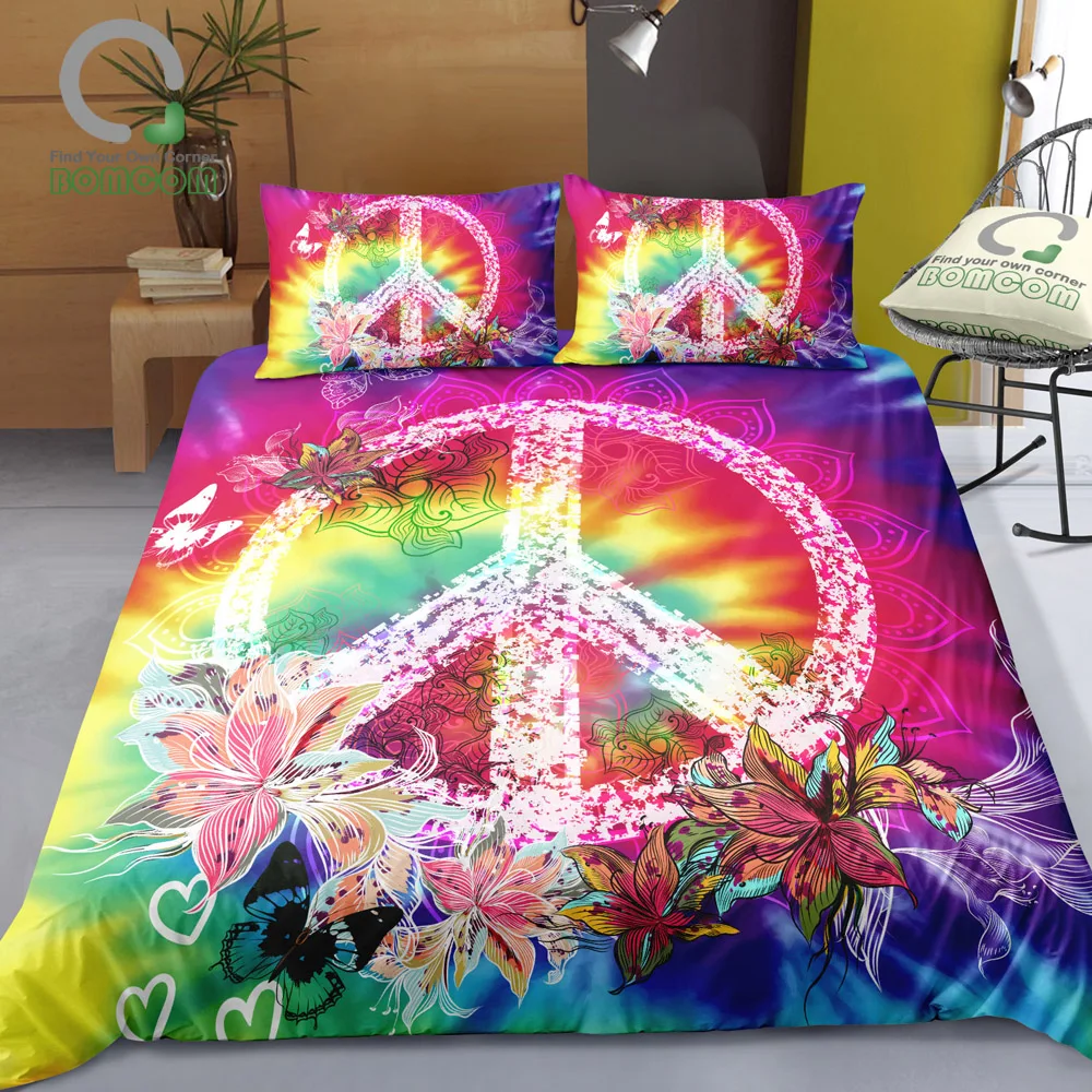 

BOMCOM 3D Digital Printing Peace Sign Flower Butterfly Peace Hippie Symbol Hippie Style Duvet Cover Sets 100% Microfiber Tie-dye