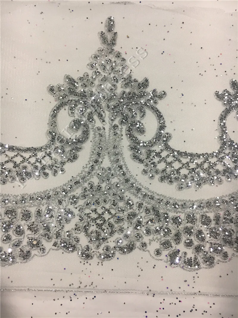 

Silver Good looking design Glued glitter Tulle Lace Fabric trim Latest YG-307 French Nigerian For Women fashion dress decoration