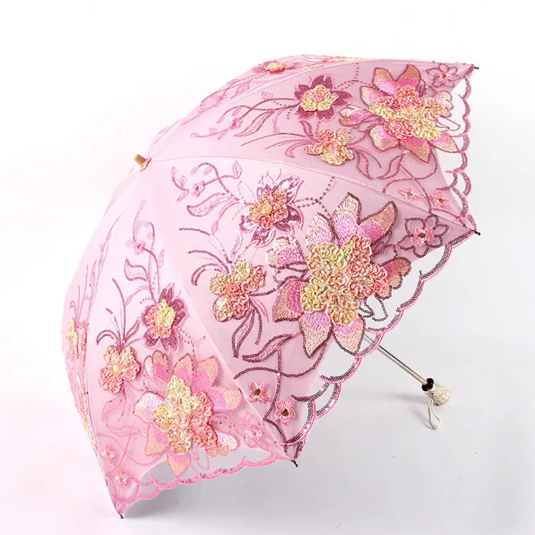 Кружева двухслойные вышивка зонтики зонтик дождь женские черные резиновые УФ три-складной солнце женские зонты 1812 - Цвет: Розовый