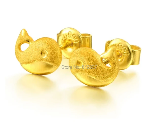 Solid 999 24k Yellow Gold Stud Earrings Lovely Dolphin Solid 999 24k Yellow Gold Stud Earrings Lovely Dolphin 2 99g